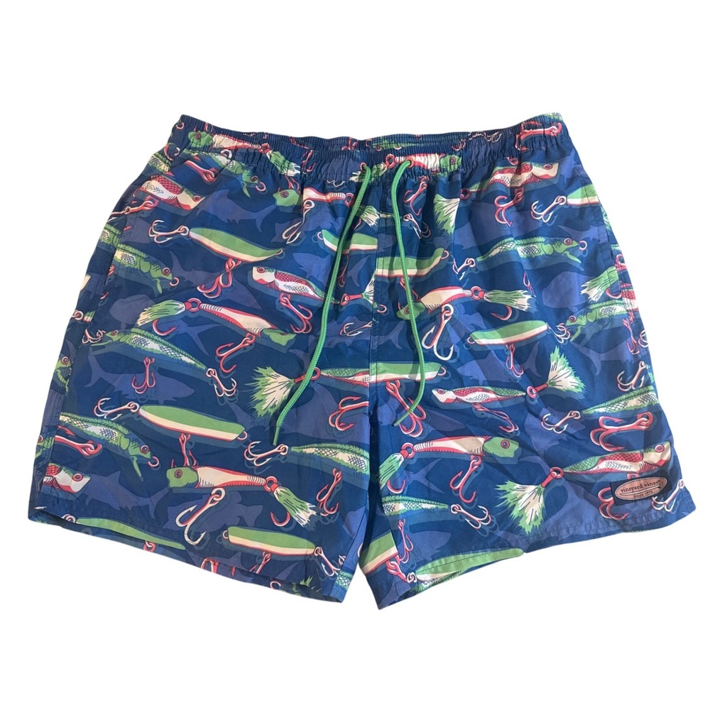 Vineyard Vines Mens Fishing Lure Shark Print Swim Trunks Navy Blue Board Shorts